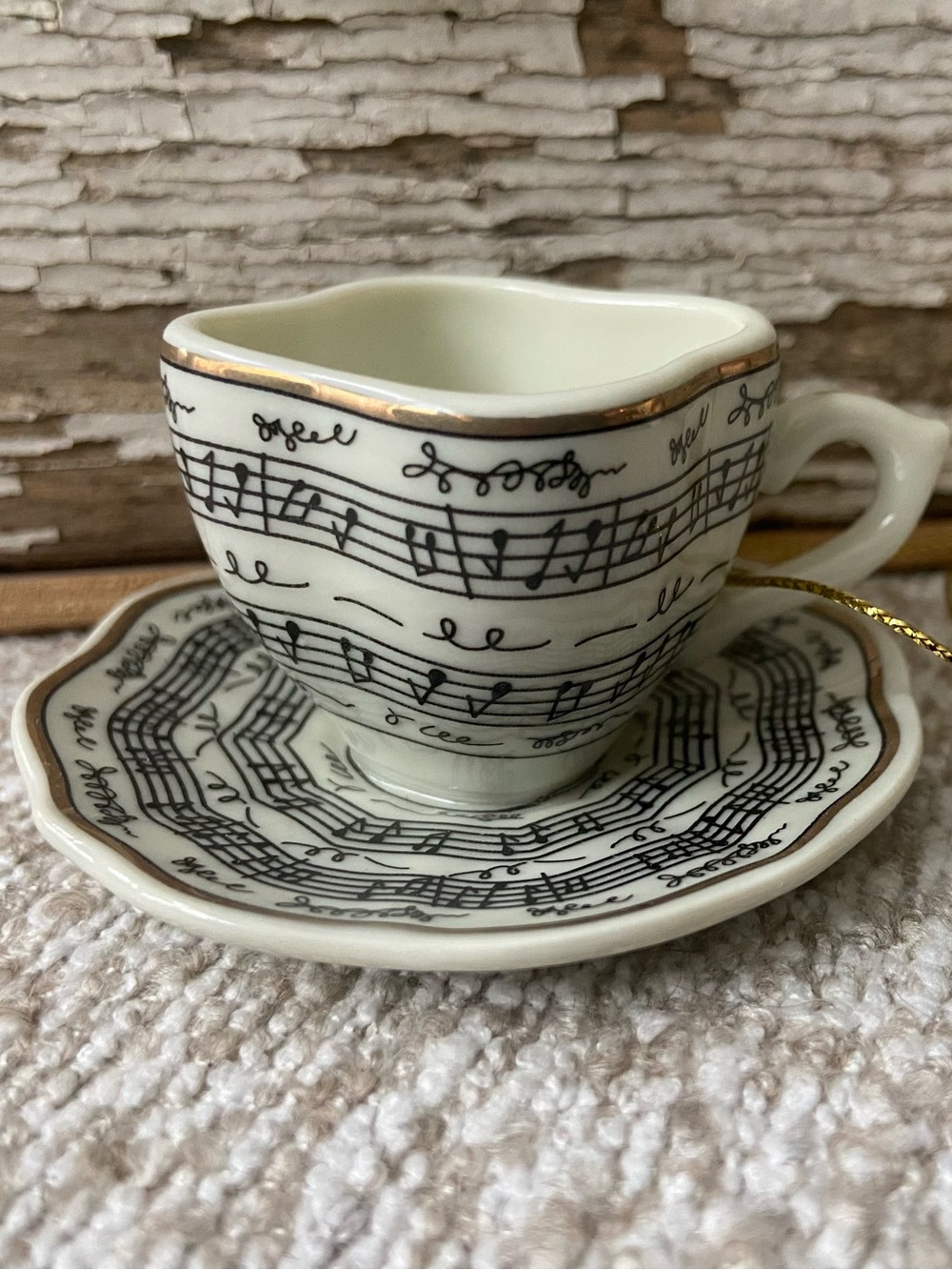 Tea Cup Music Notes Themed Porcelain Ornament With 24k Accent Trinket Pretty